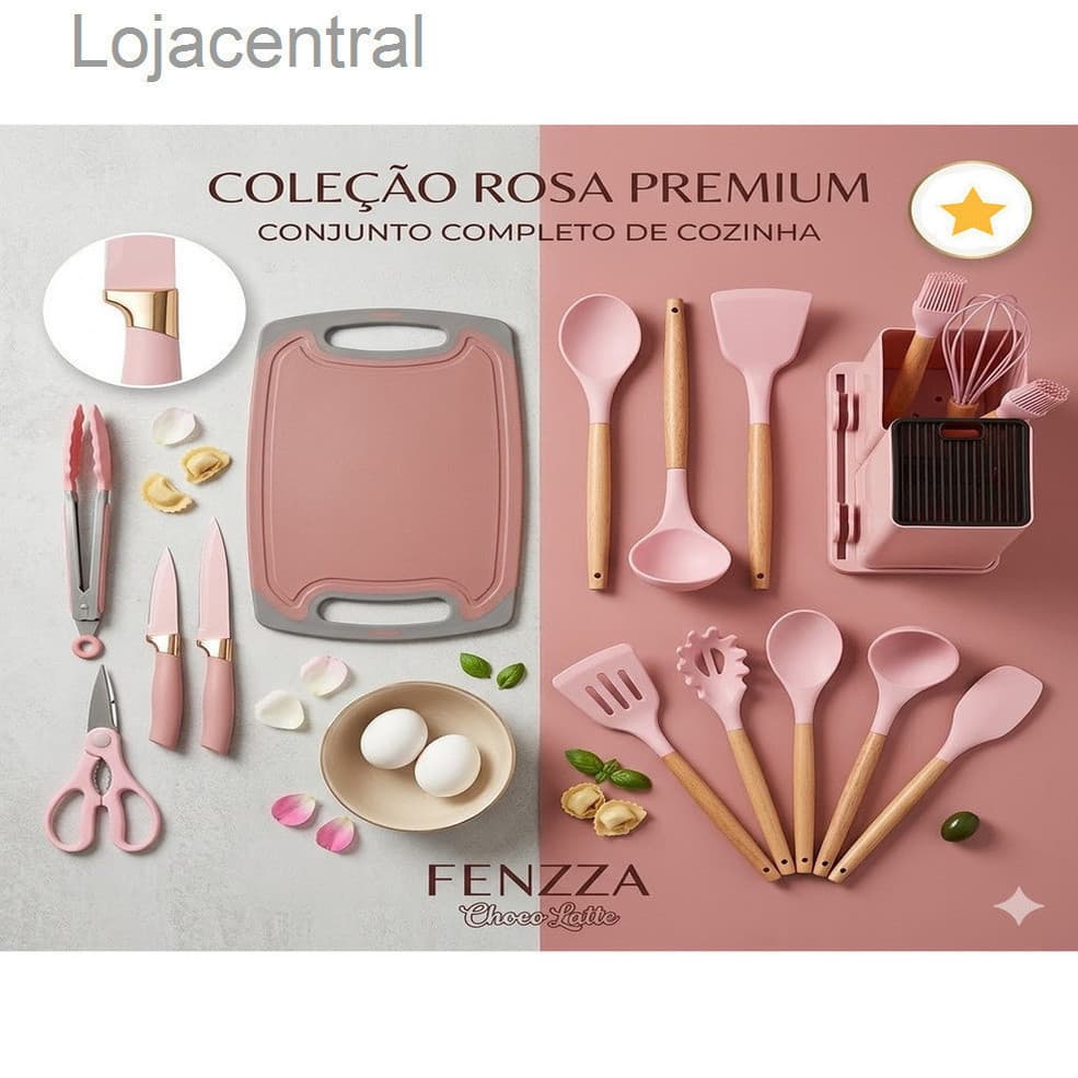 Jogo Utensílios De Cozinha Silicone 19 Peças Facas Tábua Cabo Amadeirado Completo Não Risca Panela