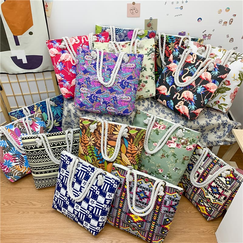 Bolsa de ombro Casual boêmia com padrão dupla face, bolsa feminina de lona para fornecimento ao vivo, grande capacidade