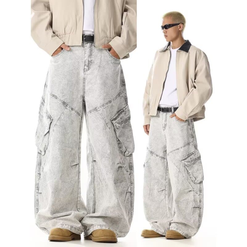 Americano Retro macacão Jeans masculino High Street solto Casual em linha reta calças de perna larga feminino