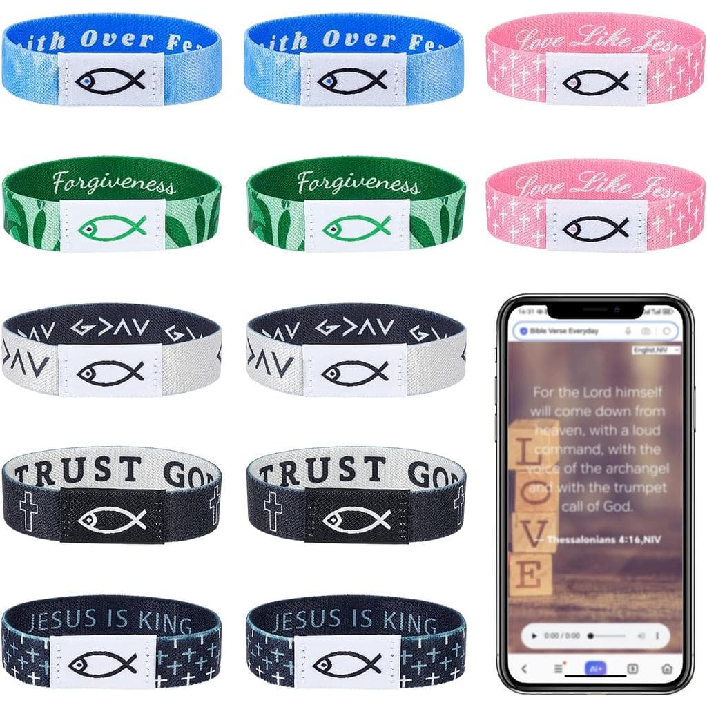 12Pcs Daily Bible Verse Bracelets for Women NFC Bracelet Elastic Jesus Christian Bracelets Bulk, Inspirational Scripture