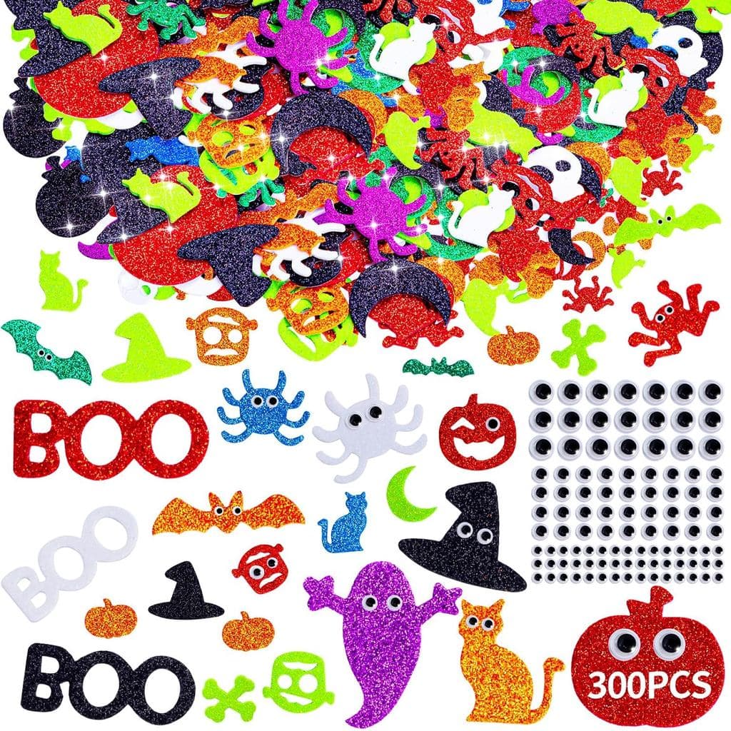 Adesivos de Espuma para Halloween 300 Peças, 200 Adesivos de Espuma com Glitter Autoadesivos e 100 Olhos Móveis, Artesan