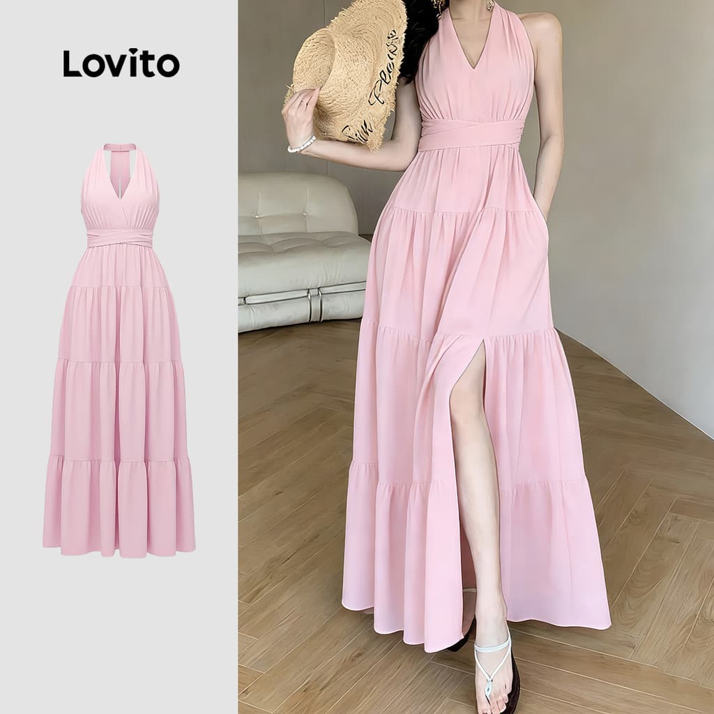 Lovito Linha Estrutural de Vestido Casual Fenda Frontal Ombro Frio Primavera/verão Vestido Rosa para Mulheres LK4AD373