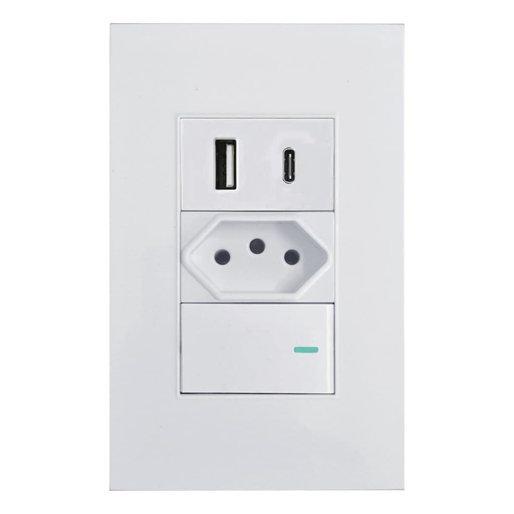 Interruptor Paralelo De Parede Com Tomada Simples E Entrada Tipo C USB BASE
