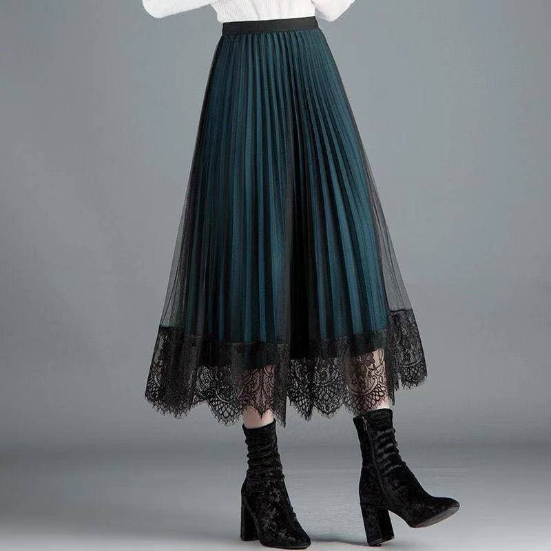[Dois lados usam] saia feminina outono inverno novo estilo tamanho grande cintura alta renda saia plissada comprimento m