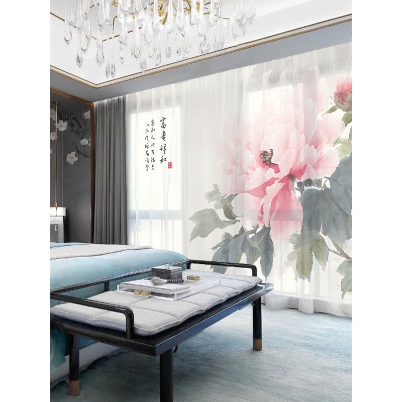 2026 novo estilo cortina chinês Retro sala de estar novo estilo chinês peônia flor antiga gaze cortina varanda