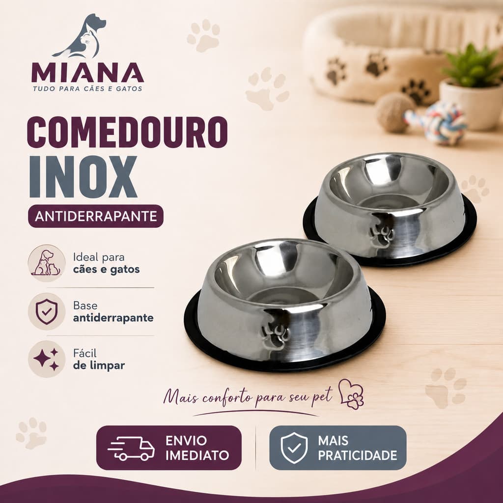 Kit 2 Comedouro Tigela Inox POLIDO BASE ANTIDERRAPANTE Cães Cachorro Dog Gatos  Alimentação Gato