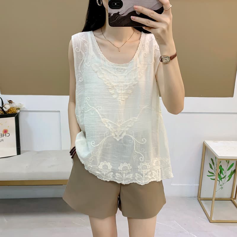 2025 verão novo estilo pequeno solto exterior bordado colete moda feminina simples bordado algodão borboleta topo