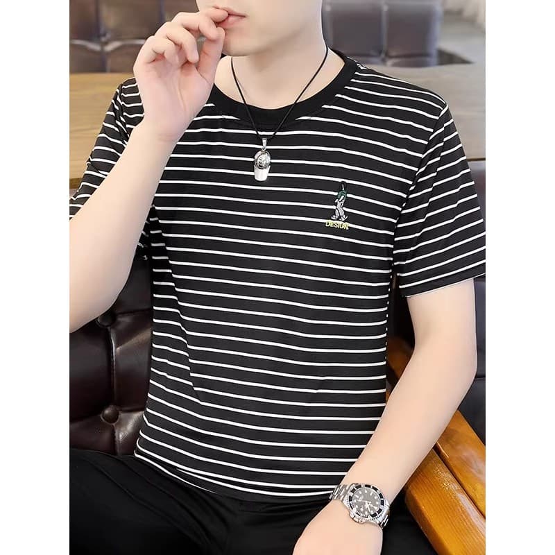 2025 Camiseta masculina de manga curta de verão, seda gelada, listras de rua, bordado branco de alta qualidade @