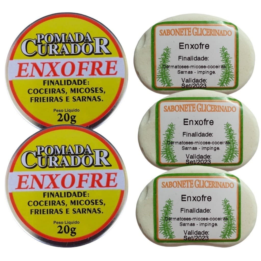 2 Pomada 3 Sabonete Enxofre Extra Forte Sarna Micose Coceira.