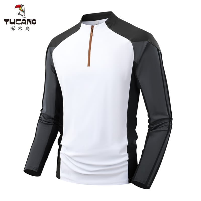 Woodpecker ao ar livre de secagem rápida manga comprida camiseta masculina contraste cor gola alta respirável esportes t