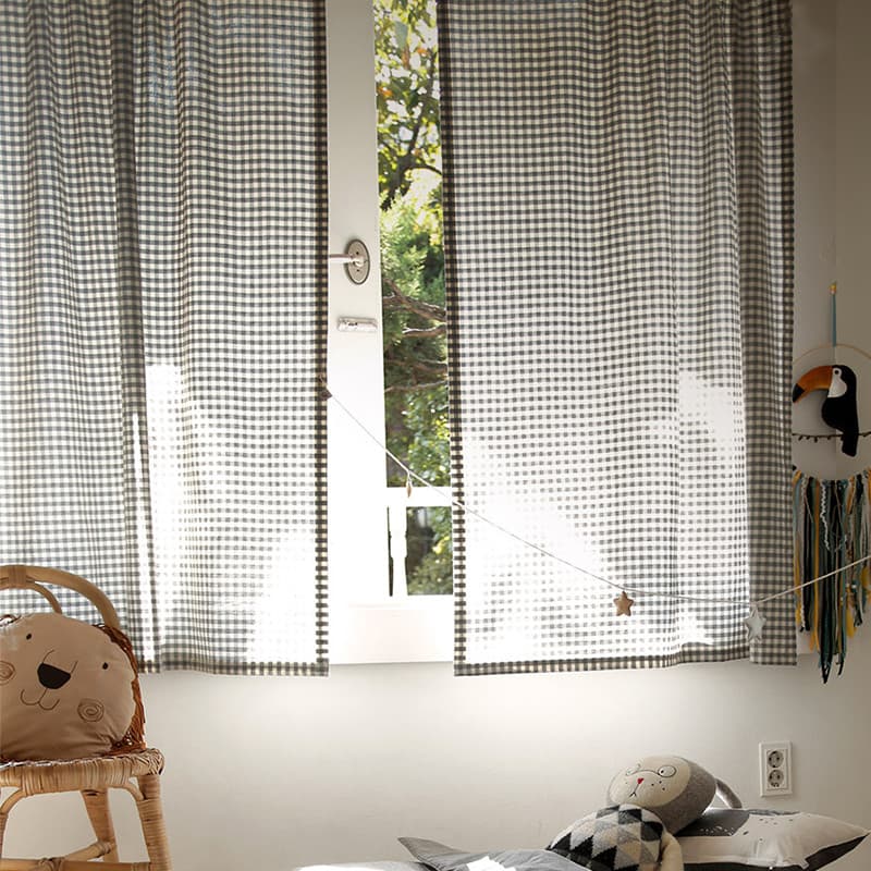 Cortinas estilo coreano transparente impervível algodão linho cinza xadrez estilo nórdico quarto infantil literário pequ