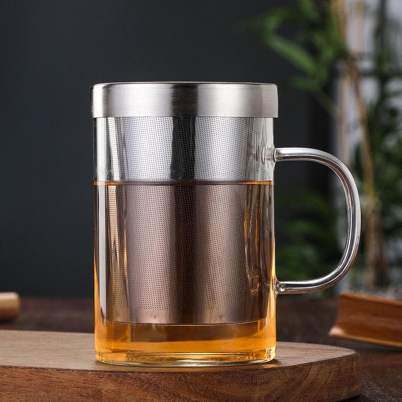 Xícara de chá de vidro com alça, forro de aço inoxidável, filtro, flor, chá, copo para beber, resistente ao calor, chá,
