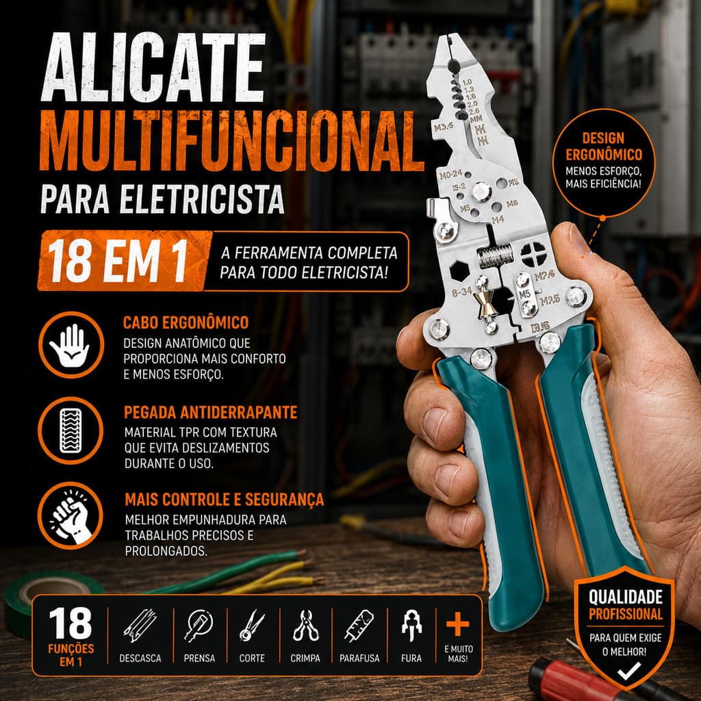 Alicate descascador fios dobrável 18 Em 1 Automático Eletricista tem Crimpagem precisa Decapagem sem dano e compatível