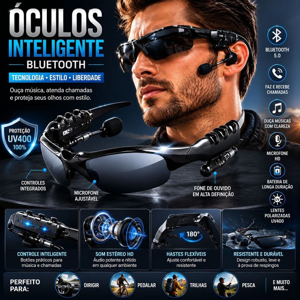 Óculos Ciclista Bluetooth Mp3 com Lente Premium e Áudio Integrado