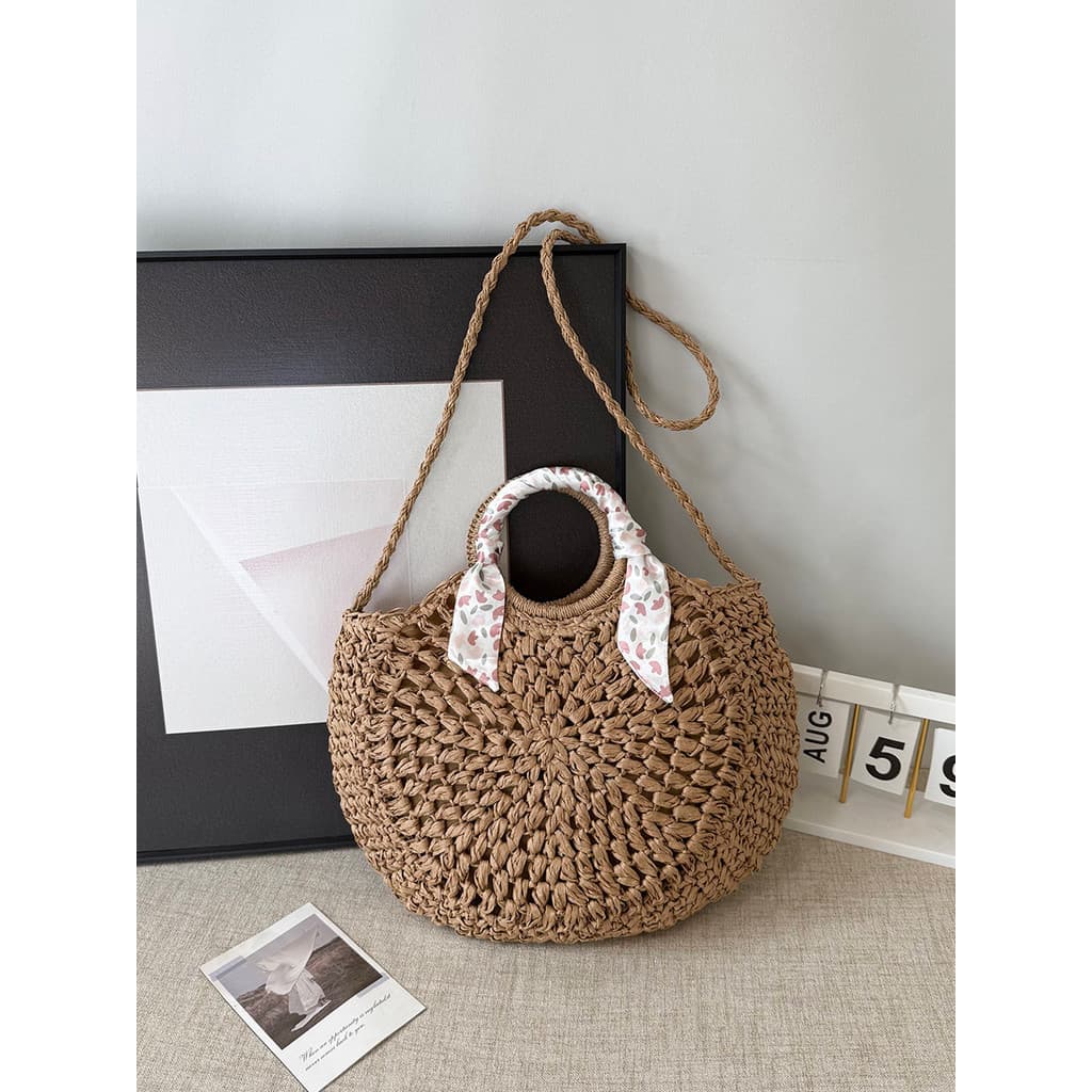Floral lenço de seda saco de palha feminino tecido bolsa à beira-mar férias bolsa de ombro All-Match redondo tecido saco