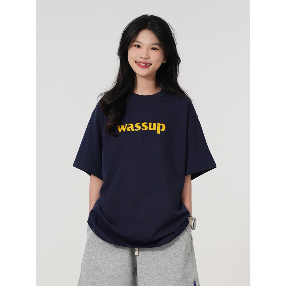 WASSUP American Heavy Letter Camiseta de manga curta feminina verão 2026 novo estilo All-Match multicolorido em torno do