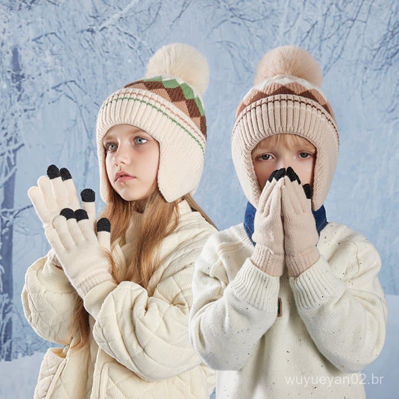 2 Pçs De Malha Crianças Chapéu De Inverno Luvas Forro De Lã Orelhas Proteção Gorro Pescoço Mais Quente 5-10Y