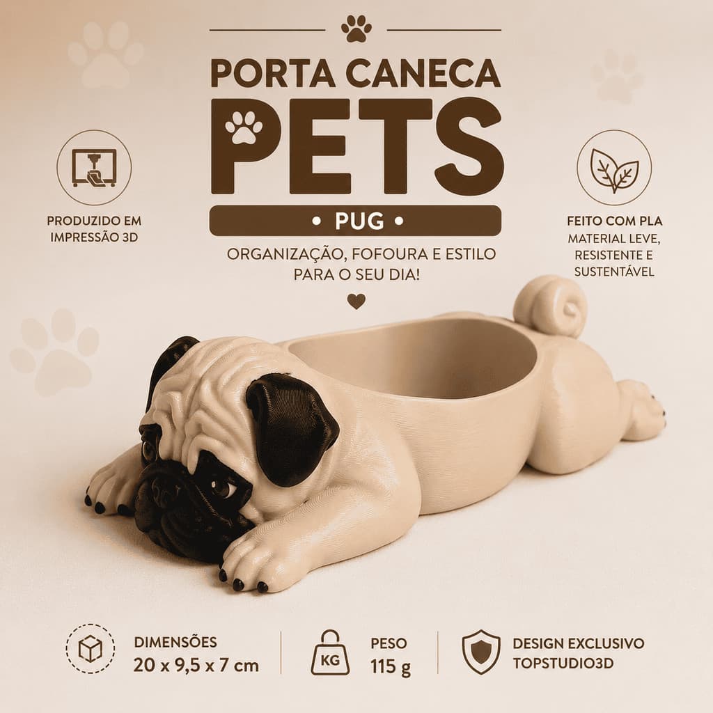 Porta Caneca Pets Pug Decorativo Organizador de Canecas Design Exclusivo 20cm