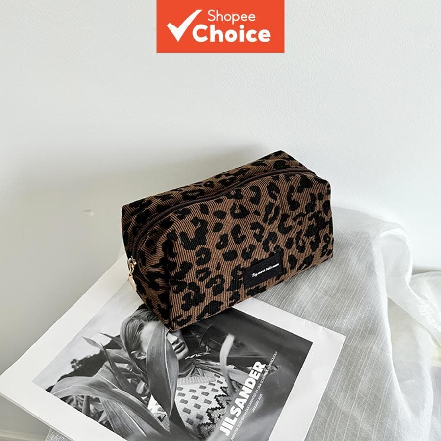 Nova Bolsa de Maquiagem Quadrada Estilosa com Estampa de Onça – Necessaire de Viagem Portátil / Clutch de Mão / Bolsa de