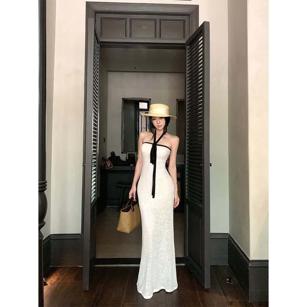 Kumikumi Design cor combinando Halter pescoço sem mangas vestido feminino verão nicho chique cintura estreita mais magro