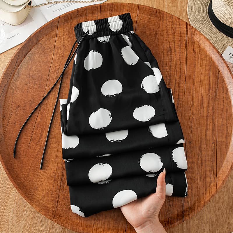 Polka Dot acetato cintura elástica Drape Anti-rugas calças de perna larga feminino verão 2026 novo estilo de seda gelo p