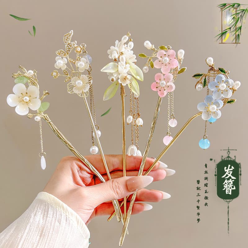 Novo grampo de cabelo antigo em estilo chinês, grampo de cabelo com flores e contas Hanfu, elegante e bonito, acessório