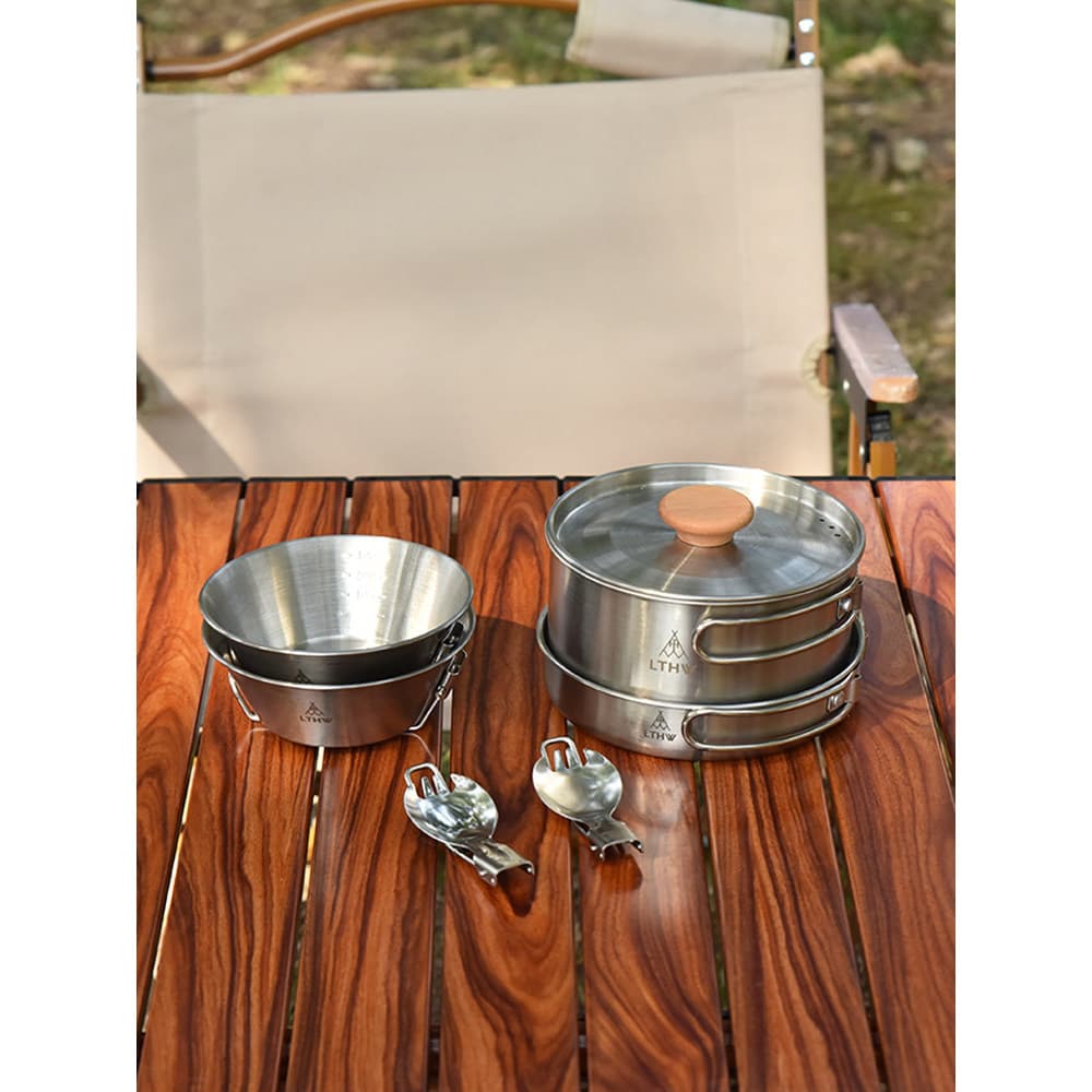 Lthw lthw conjunto de panela portátil de aço inoxidável, pote de piquenique, acampamento, panela dobrável de água ferven