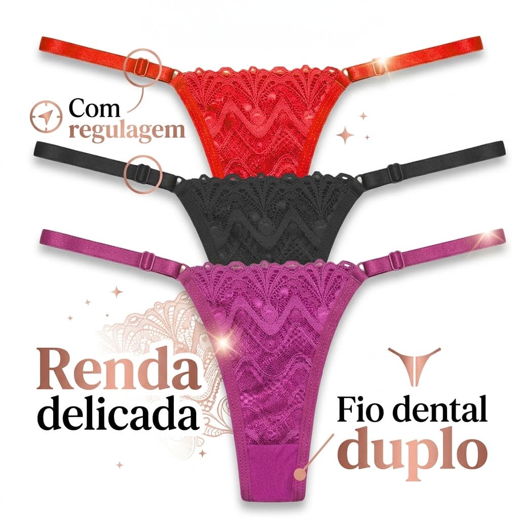 Kit 2/3/4/5/6/7/8 Calcinhas Ísis Fio Dental Duplo Com Renda e Regulagem Não Marca Na Roupa Tanga Feminina