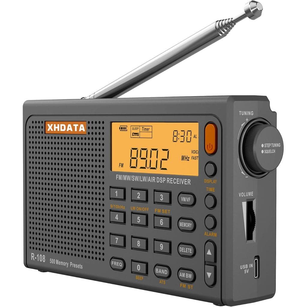 Rádio Portátil XHDATA R108 AM/FM/SW/LW/Airband, Receptor de Ondas Curtas, Funciona com Bateria, Boa Recepção, Alto-falan