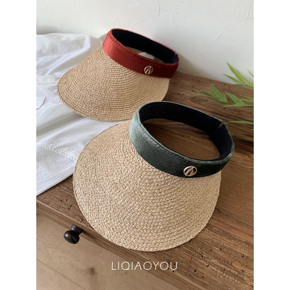 Li Qiaoyou {Japão High Ding} Ráfia tecido guarda-sol oco cartola feminina 25ss tipo faixa de cabeça protetor solar chapé