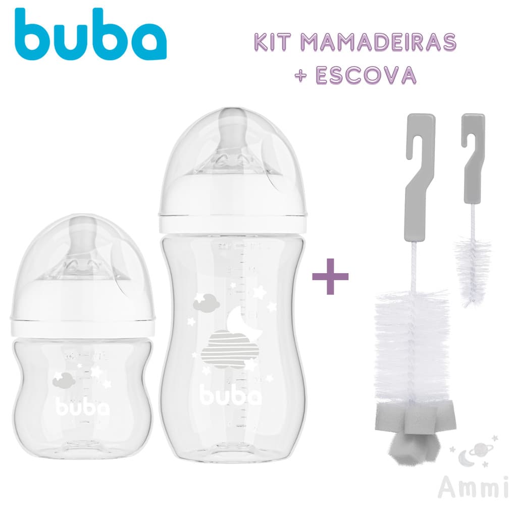 Kit 2 Mamadeira Anticólica Buba Easy Flow 120ML E 270ML + Escova de Lavar Mamadeira Cinza