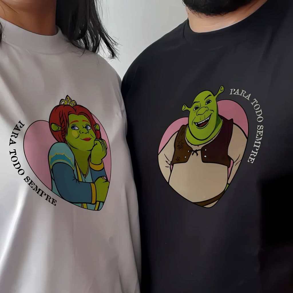 Kit de 2 Camisetas casal Shrek e Fiona Namorados conjunto Estampado Regular e Plus Size