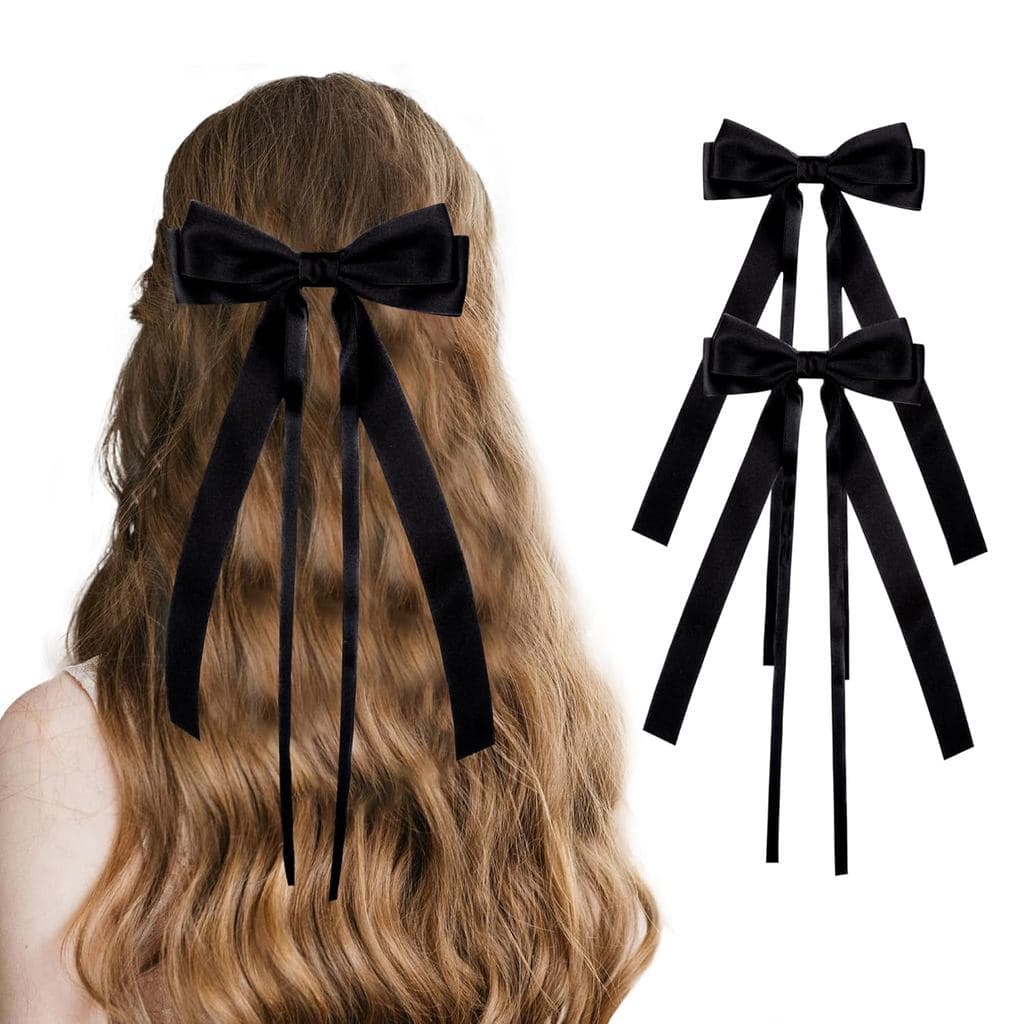 2 Laços de Cabelo para Mulheres e Meninas, Laços Pretos com Cauda Longa, Acessórios de Cabelo para Mulheres DD9W