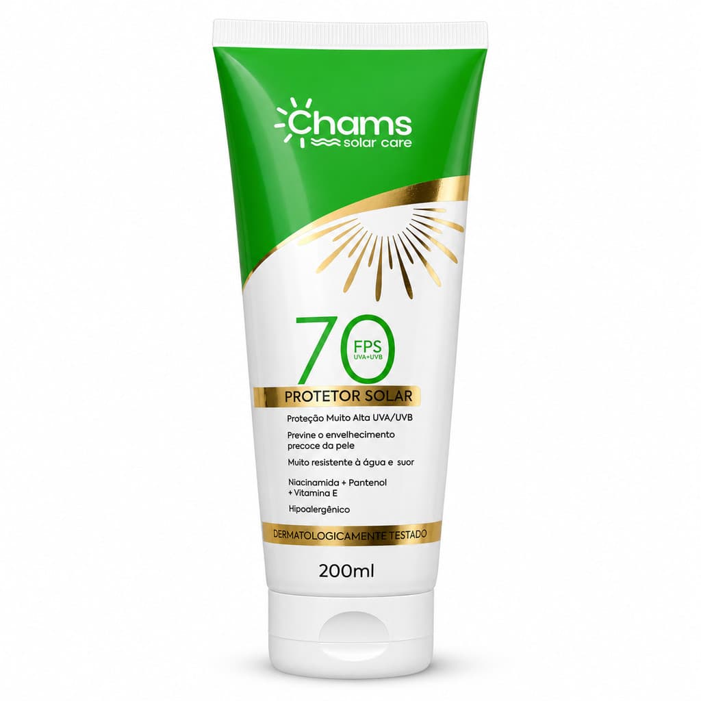 Protetor Solar Chams Solar Care FPS 70 Uva Uvb 200ml Ideal Para Uso na Praia, Epis na Construção Civil e Trabalhadores