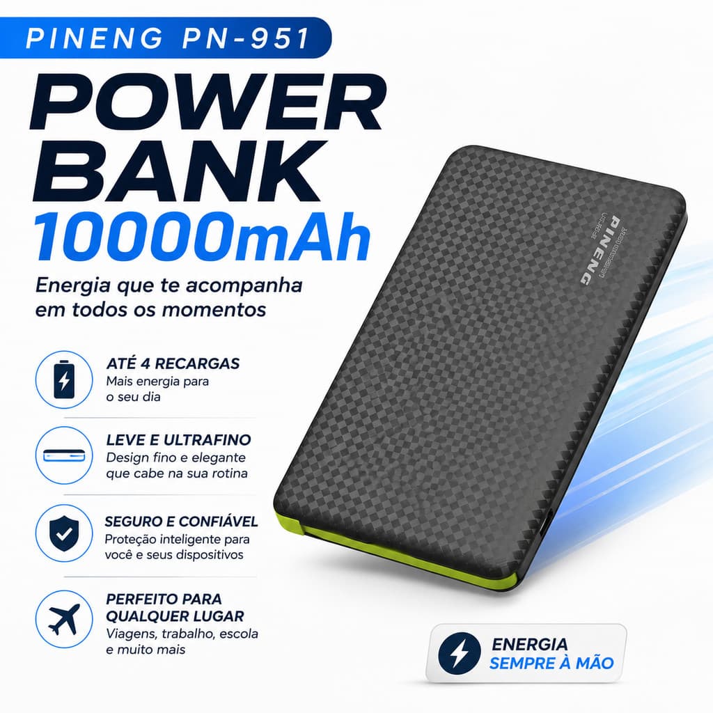 Power Bank Pineng 10000mAh Carregador Portátil Com Micro USB E Cabo Lightning
