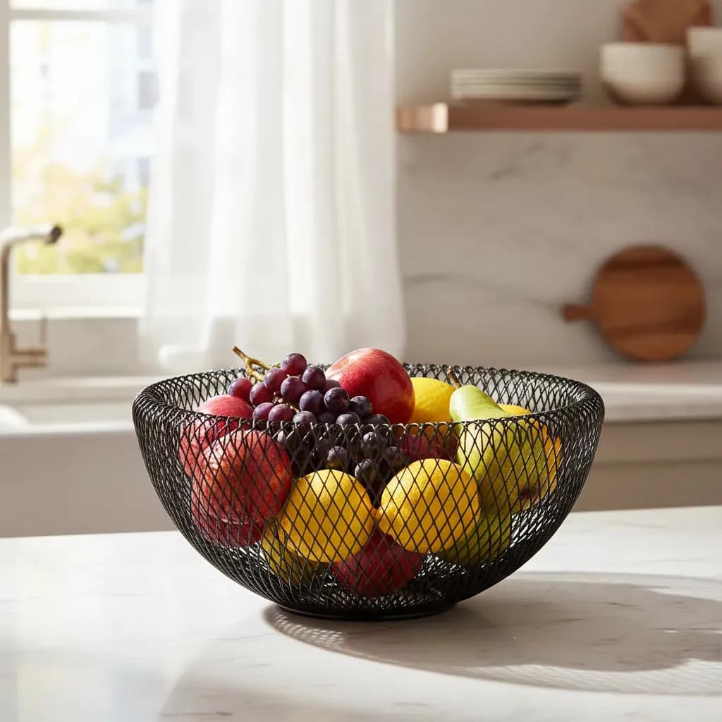 Fruteira De Mesa Redonda Aramada Em Metal Preta 30cm / 24cm