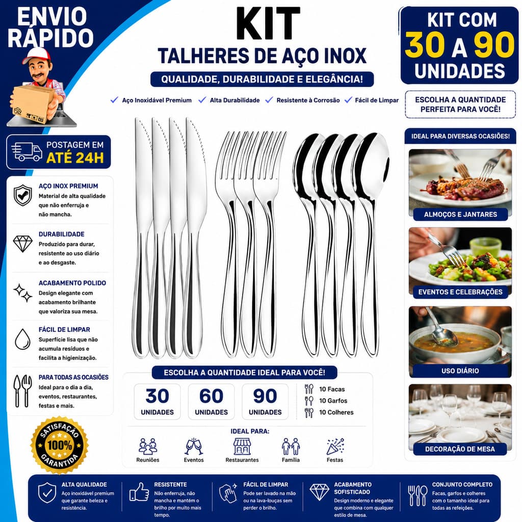 Jogo Talheres Inox 90 Peças Conjunto Completo de Garfo Faca e Colher Para Refeição e Cozinha Profissional