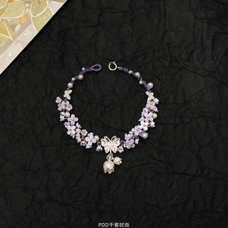 Pulseira de Borboleta Roxa Iris, Doce e Exquisita, Design de Alto Valor, Feita à Mão, Presente de Flor Trançada E1E2