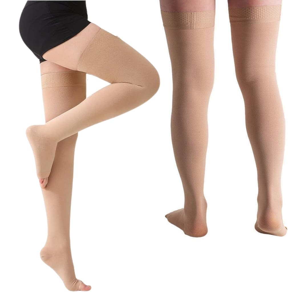 Meia de Alta Compressão Bege 7/8 20-30 MMhg Anti Trombo Varize Gravidez Fatiga muscular