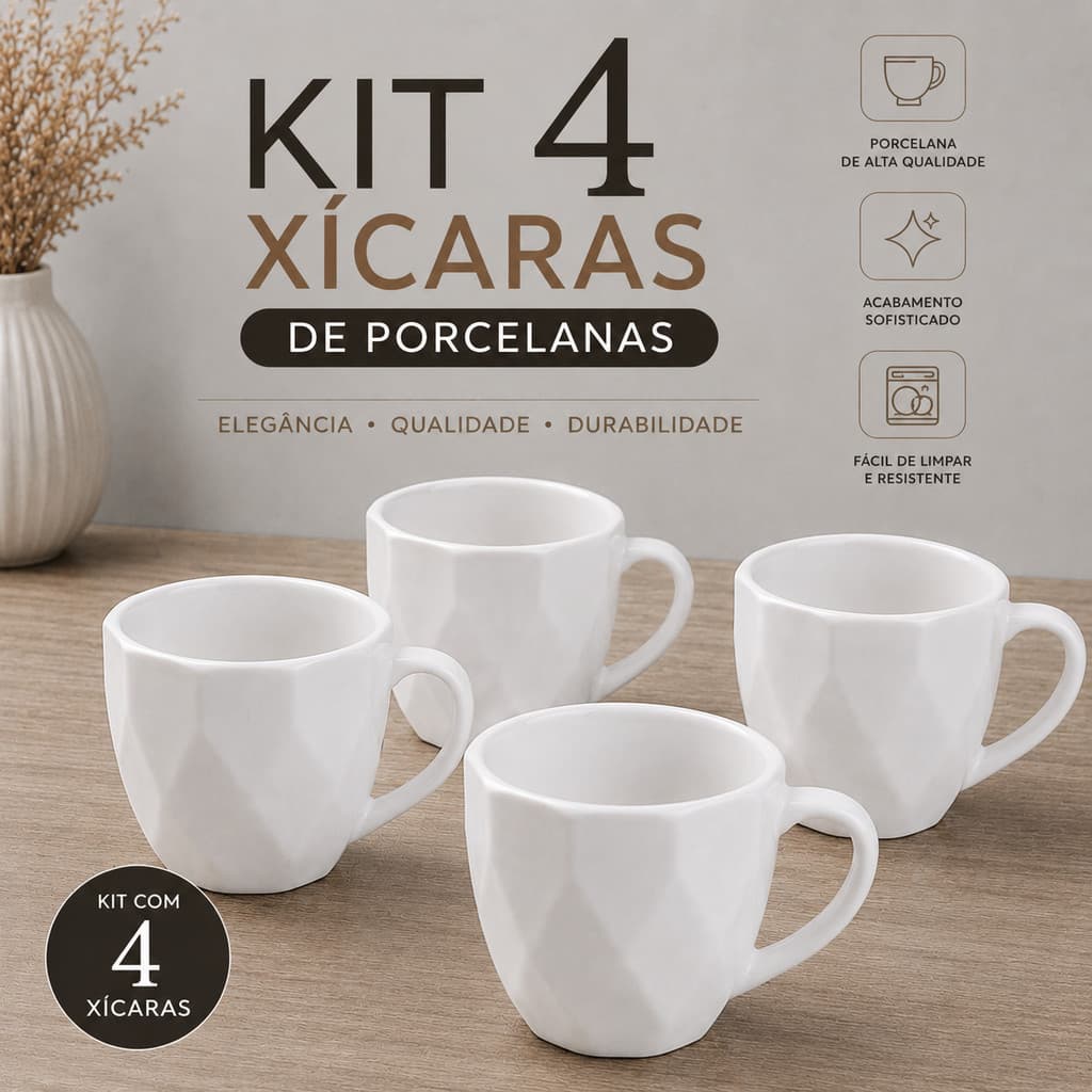 Xicaras de porcelana branca design prisma 100ML kit 4 unidades presente café chá pronta entrega
