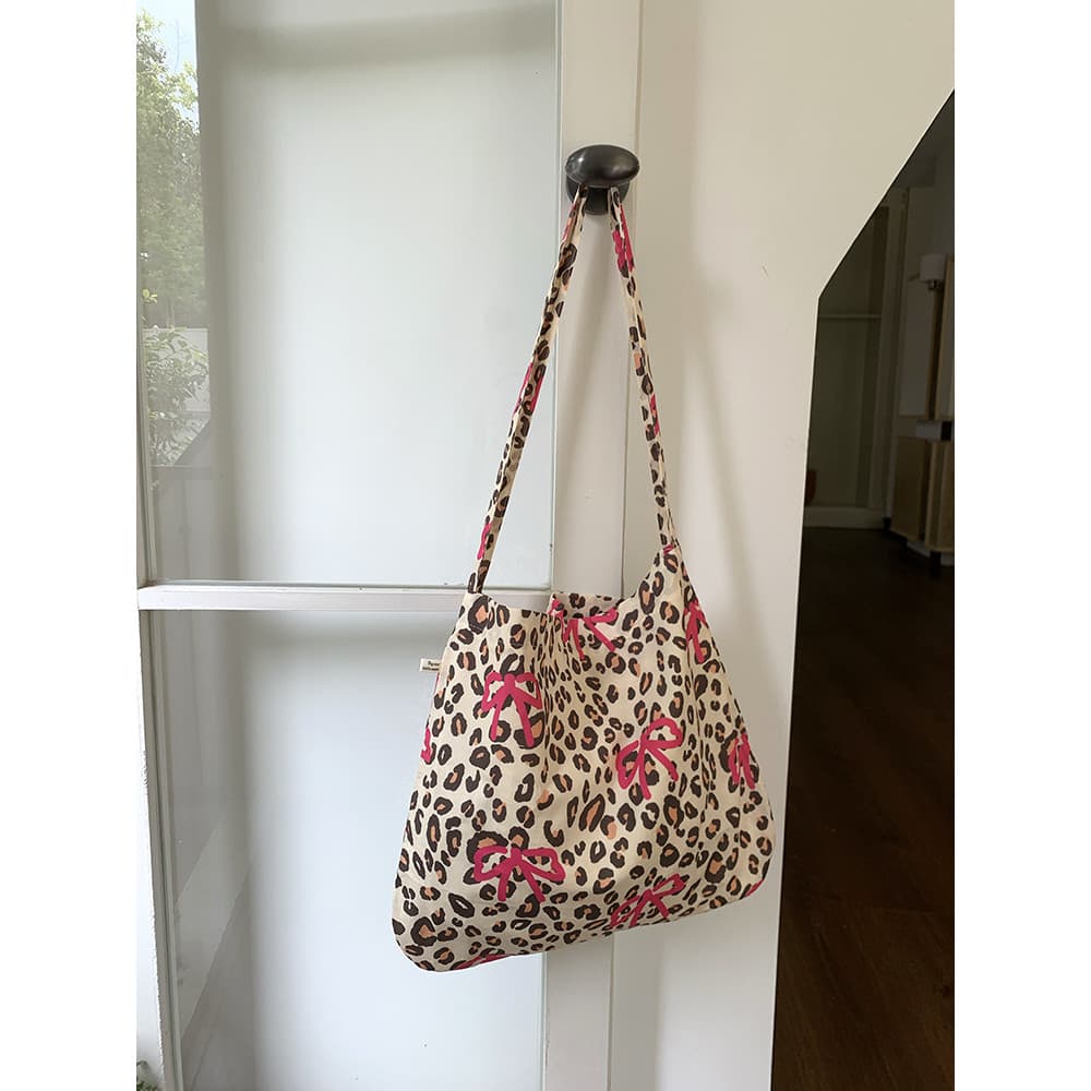 Bolsa de ombro feminina com estampa de leopardo, novo estilo, estilo preguiçoso, bolsa de algodão, bolsa de lona portáti