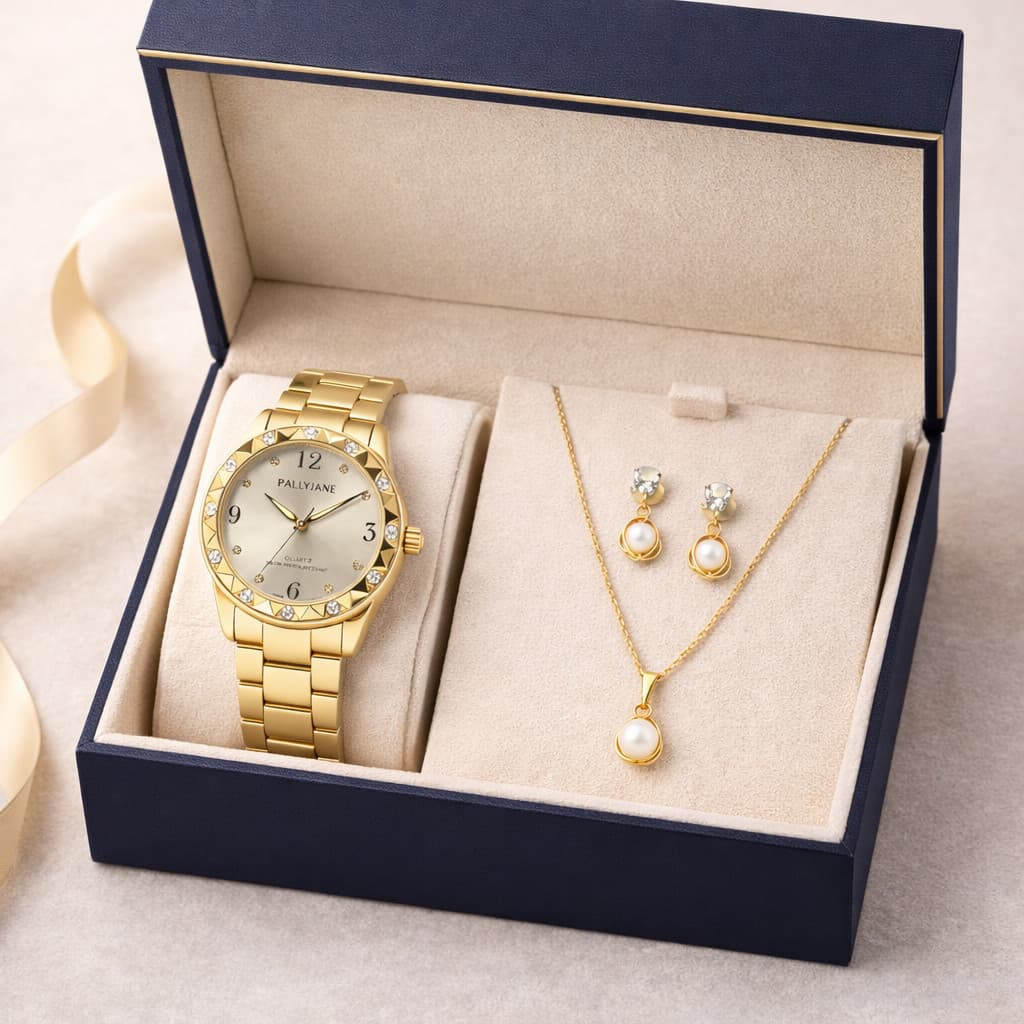 Kit 3 Peças Presente Feminino Relógio Colar Brincos Dourado Pérola Aniversário Namorada Mãe