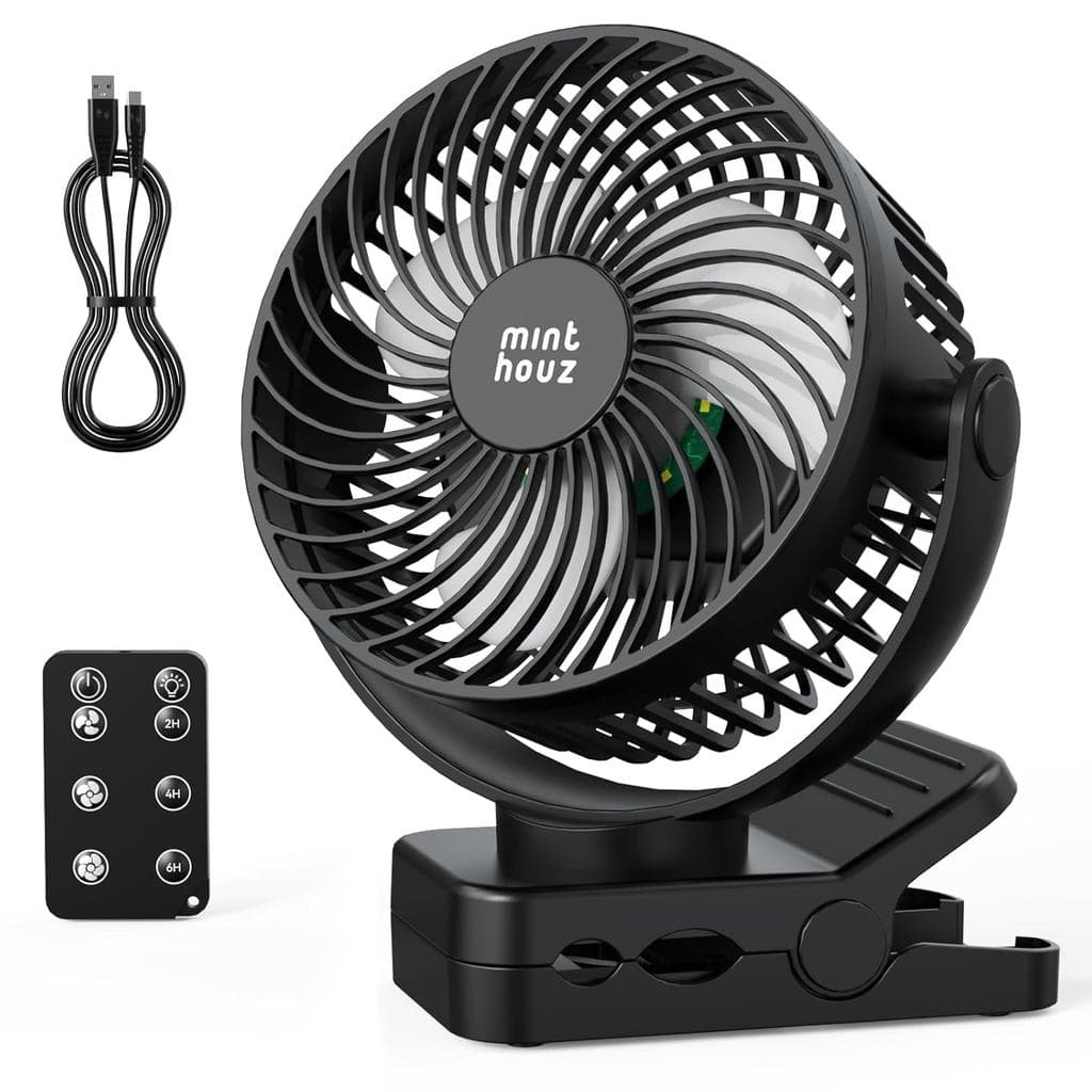 Ventilador de Mesa Minthouz com Clipe, 12000mAh, 360 °   Ventilador Portátil Recarregável com Rotação e 45 Horas de Auto