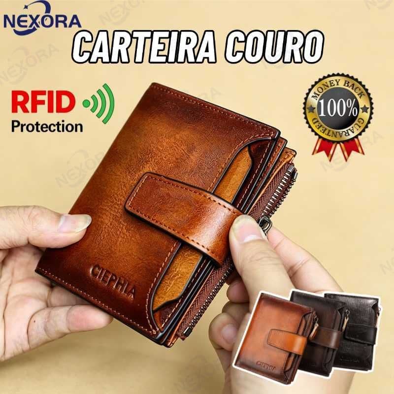 Carteira masculina retrô de couro legítimo com três dobras e sistema antifurto, disponível em três cores-NE