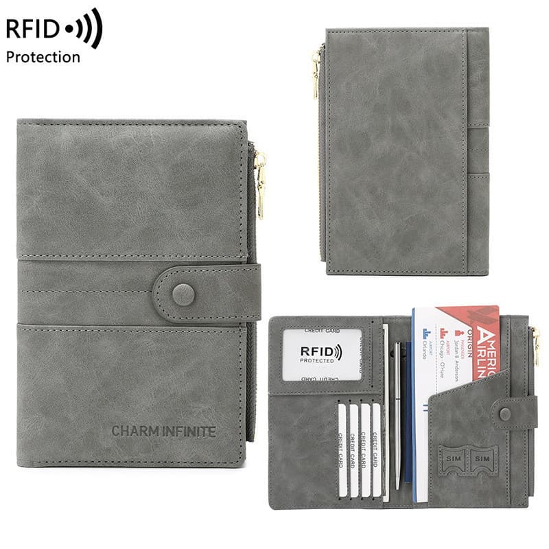 Novo porta-passaporte anti-scan RFID com zíper e fivela, bolsa de viagem multifuncional para passaporte XIPF