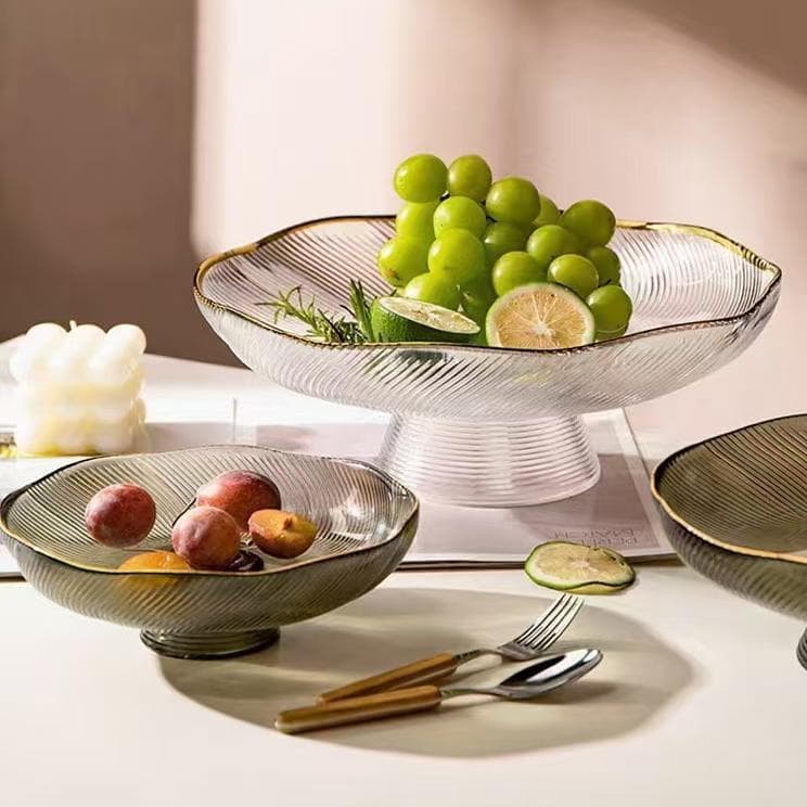 Prato de frutas de vidro doméstico estilo europeu, alto valor, pé alto, sala de estar, mesa de café, lanche, placa de co