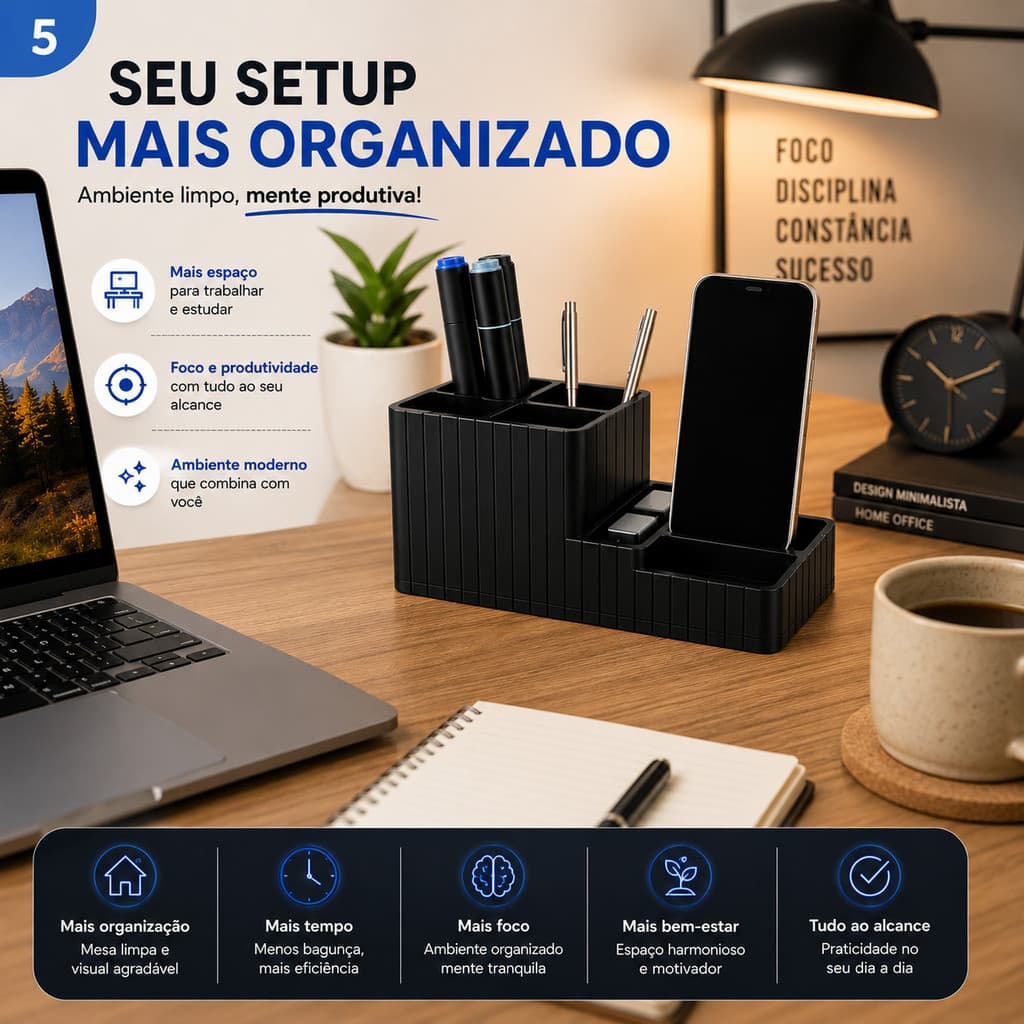 Organizador Mesa Porta Caneta Suporte Celular Multiuso Escritório Home Office Preto Branco Moderno