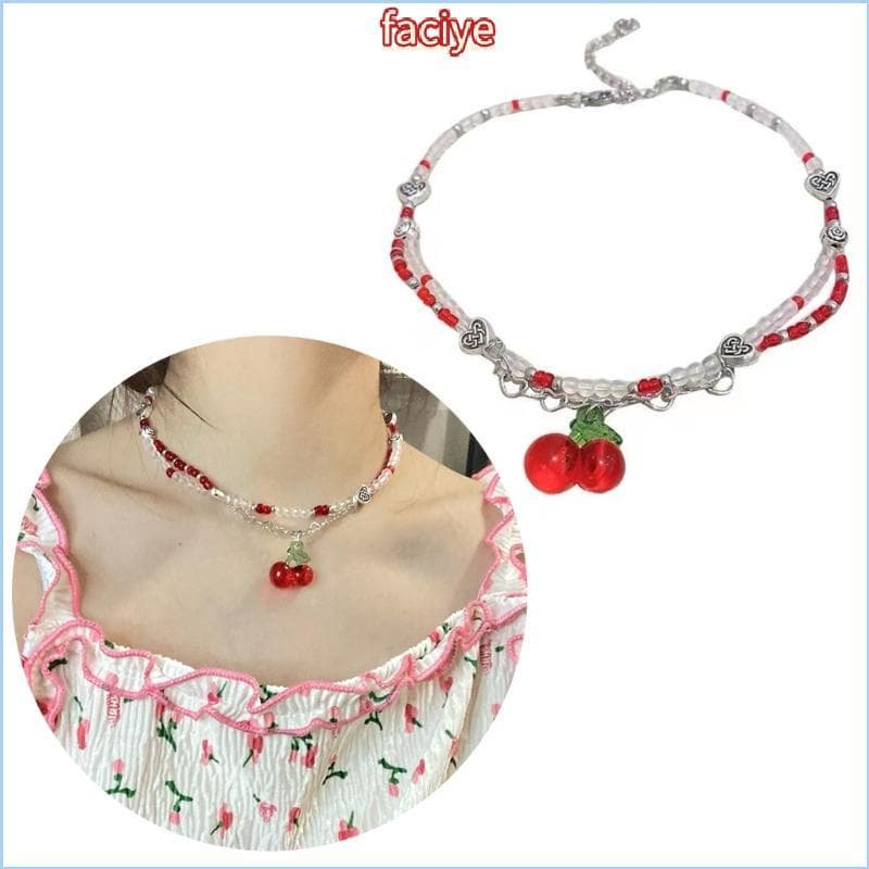 FCY Gargantilhas Cerejas Frutas Fofas Colares Para Meninas Vermelho Branco Contas Artesanais Colar C
