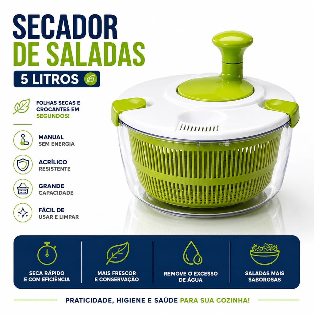 Escorredor Secador De Salada Manual Tigela Multiuso Para Verduras Legumes E Frutas 5L
