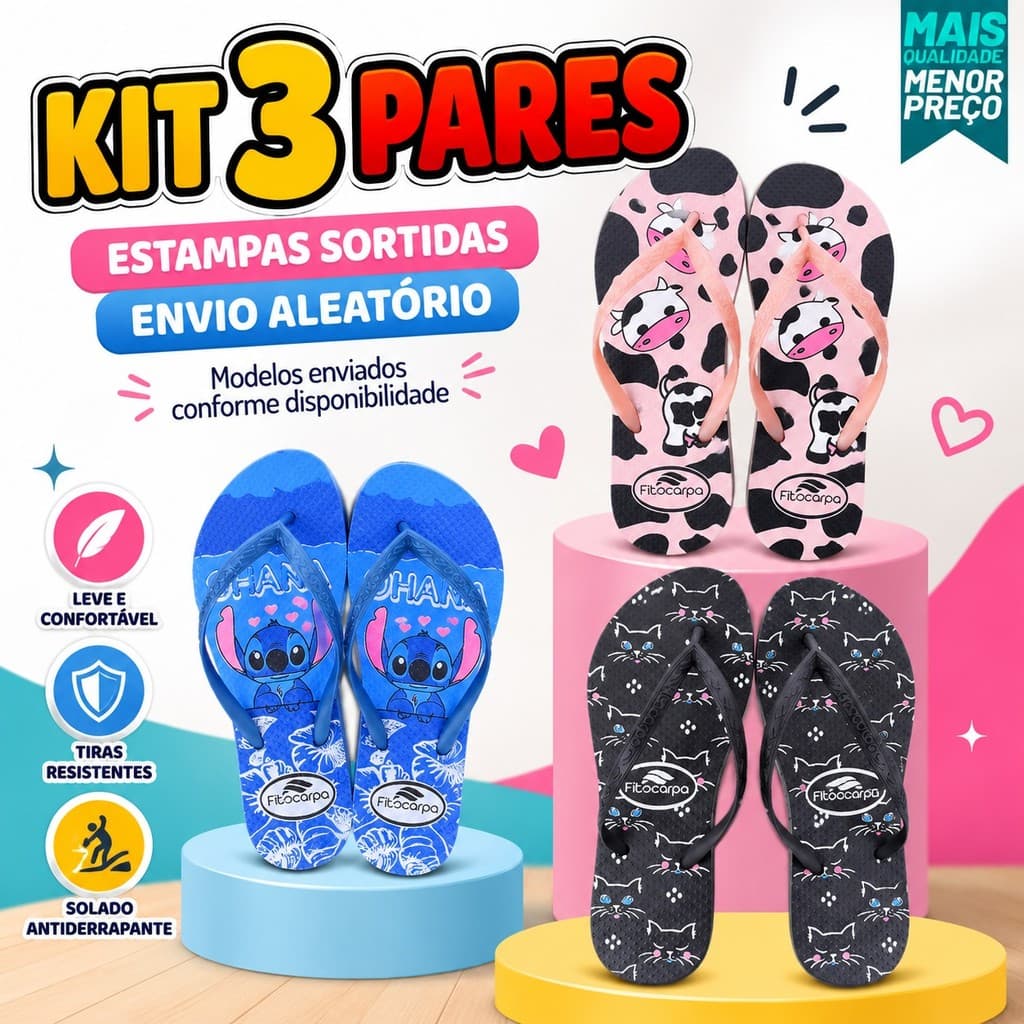 PROMOÇÃO Kit 3 Pares Chinelo Sortido Várias Estampas Super Leve e Confortável Envio Imediato